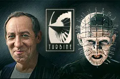 Text: "TURBINE". Links ein lächelnder Mann, rechts ein Mann mit Nägeln im Kopf. In der Mitte ein Logo mit stilisiertem Flügel.