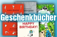 Eine Auswahl von vier Geschenkbüchern (Cover), davor in weißer Schrift das Wort Geschenkbücher