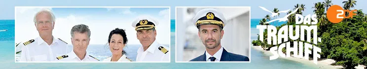 "Das Traumschiff" und "ZDF" als Texte. Zwei Gruppen von Menschen in Kapitänsuniformen, im Hintergrund ein tropischer Strand.