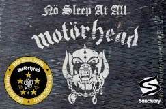 Texte: "Nö Sleep At All", "Motörhead". Illustration mit Bandlogo und zwei Logos unten rechts.