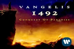 "Vangelis 1492 Conquest of Paradise." Eine Silhouette steht auf einer Klippe, darunter ein golden schimmernder Himmel.