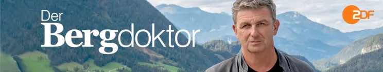 "Der Bergdoktor" in weiß, Berglandschaft im Hintergrund, Mann mittleren Alters, ZDF-Logo in Orange oben rechts.