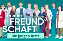 „In aller Freundschaft – Die jungen Ärzte“ mit einem Team von Ärzten in Kittel auf blauem Hintergrund.