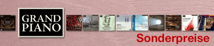 "GRAND PIANO", "Sonderpreise" in weiß und rot, daneben eine Reihe von CD-Covern.