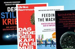 Vier Buchcover: "Der stille Krieg", "Das Ende des Kapitalismus", "Feeding the Machine", "Survival of the Richest".