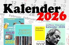 "Kalender 2026" in großen, auffälligen Buchstaben. Im Kreis angeordnete Kalender-Cover darunter.
