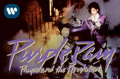 "Purple Rain" in lila Schrift; stilisiertes Cover mit einer Person in lila Anzug auf einem Motorrad.