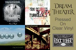 "Dream Theater", "Pressed On Clear Vinyl", verschiedene Albumcover und Rocktober-Logo.