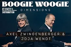 Text oben: "BOOGIE WOOGIE DIMENSIONS." Namen der Künstler: "Axel Zwingenberger & Joja Wendt." Zwei Männer am Klavier.