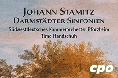 "Johann Stamitz, Darmstädter Sinfonien, Südwestdeutsches Kammerorchester Pforzheim, Timo Handschuh." Naturlandschaft und Logo.