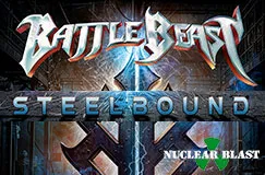 "Battle Beast Steelbound" und "Nuclear Blast" sind prominent platziert. Dunkles, metallisch anmutendes Design mit Blitzmotiv.