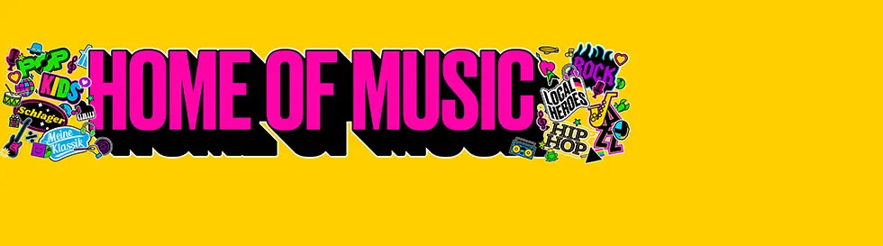 Text "HOME OF MUSIC" in Pink und Schwarz. Farbliche Illustrationen von Musikstilen wie Rock, Hip Hop, Schlager.
