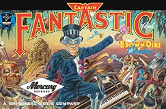 „Captain Fantastic and the Brown Dirt Cowboy“. Bunte Illustration mit einem Mann am Klavier und fantastischen Elementen.