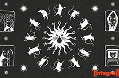 Text: [integral]
Illustration: Weiße Sonnenstrahlen und tanzende Mäuse auf schwarzem Hintergrund, mit seitlichen Mausmotiven.