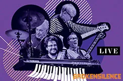 Text: "LIVE" und "BROKENSILENCE". Band spielt auf lila Hintergrund. Instrumente: Schlagzeug, Gitarre, Keyboard.