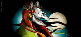 Illustration: Ein Pferdeschädel mit roten Augen, geschmückt mit Stechpalmen, vor einem Vollmond, umgeben von farbigen Bändern.