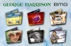 George Harrison und BMG. Sechs CD-Cover in zwei Reihen, darunter bunte und schwarz-weiße Designs.