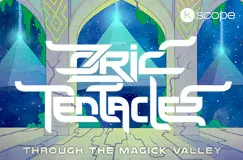 Text: "Through the Magick Valley". Illustration: Fantasievolle Landschaft mit leuchtenden Pyramiden und Bögen.