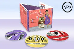 Text: "Jukebox Ella." Illustration: Eine CD-Box und drei bunte CD-Scheiben mit Retro-Design. Oben rechts ein Logo.