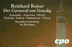 "Reinhard Keiser: Der Carneval von Venedig" in stilvoller Schrift, im Hintergrund der Campanile bei Abenddämmerung.