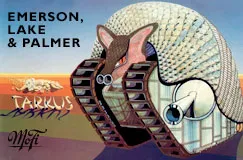 Die Texte "Emerson, Lake & Palmer" und "Tarkus" sind zu sehen. Ein Panzer-Armadillo aus einer künstlerischen Illustration.
