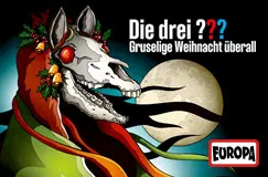 "Die drei ??? Gruselige Weihnacht überall" zeigt ein Skelettpferd mit Blumenkranz vor Vollmond, Logo unten rechts.