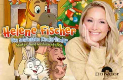 „Helene Fischer: Die schönsten Kinderlieder, Winter- und Weihnachtszeit“. Frau lächelt, Tiere und Weihnachtsbaum im Hintergrund.
