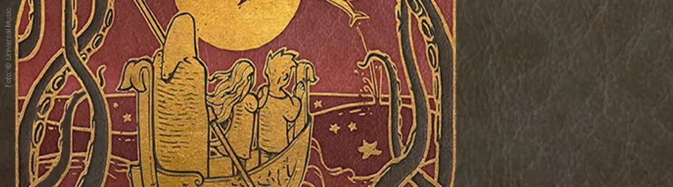 Zwei Menschen in einem Boot, umgeben von Tentakeln, mit einem großen Mond im Hintergrund.