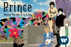 Text: "Prince Around The World In A Day". Illustration mit bunten Figuren und abstrakten Formen.