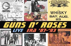 "Guns N' Roses Live Era '87-'93" steht in gelber und roter Schrift auf schwarz. Oben Collagen alter Konzertplakate.
