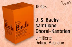 19 CDs, J. S. Bachs sämtliche Choral-Kantaten, Limitierte Deluxe-Ausgabe. Orange Box, stilisiertes Logo oben.