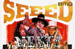 "SEEED" und "NEXT!" in großen Buchstaben. Illustration von singenden Personen mit Hüten und Mikrofonen.