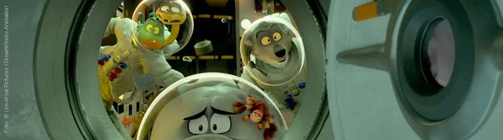 Illustration von vier animierten Tieren in Astronautenanzügen, die durch ein rundes Fenster blicken.