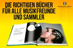Text: "DIE RICHTIGEN BÜCHER FÜR ALLE MUSIKFREUNDE UND SAMMLER". Darunter ein geöffnetes Buch mit Bild einer Frau und Schallplatte.