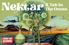 "Nektar: A Tab in the Ocean." Surrealistische Illustration mit futuristischer Figur und Landschaft.