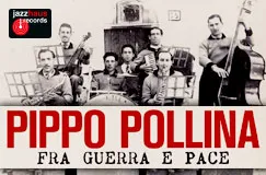 "Pippo Pollina, Fra Guerra e Pace". Schwarz-weiß Foto einer Musikergruppe mit Instrumenten, Logo oben links.