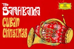 Text: "The Sarabanda Cuban Christmas". Illustration eines bunt bemalten Musikinstruments auf rotem Hintergrund.