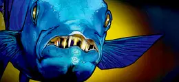 Illustration eines blauen Fisches mit großen gelben Augen und spitzen Zähnen vor gelbem Hintergrund.