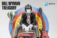 Text: "BILL WYMAN TREASURY". Ein Mann sitzt vor einem bunten Hintergrund mit Gitarre, Schallplatte und Heißluftballon.