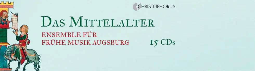 "Das Mittelalter. Ensemble für frühe Musik Augsburg. 15 CDs." Illustration: Ritter auf Pferd vor Turm, überreicht Dokument.