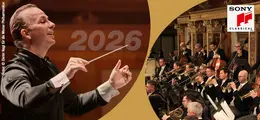 Neujahrskonzert 2026, "Sony Classical" Logo. Ein Dirigent führt ein Orchester in einem Konzertsaal.