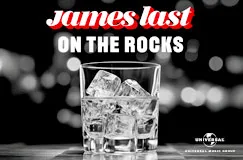 Text: "James Last On The Rocks". Ein Glas mit Eiswürfeln, im Hintergrund unscharfe Lichter.