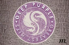 Text: "DEEP PURPLE GREATEST HITS". Logo: Zirkuläres Design mit einem stilisierten lila Drachen auf strukturiertem Hintergrund.