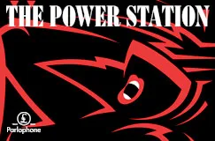 Text: "THE POWER STATION." Illustration eines stilisierten Gesichtes in Rot und Schwarz, mit einem offenen Mund als Fokuspunkt.