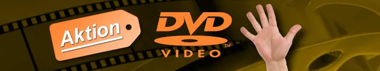 Text "Aktion" auf einem Preisetikett, daneben "DVD VIDEO" Logo, eine Hand mit fünf ausgestreckten Fingern; Hintergrund mit Filmrollenmotiv.