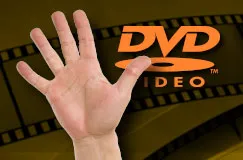 Logo: "DVD VIDEO". Eine ausgestreckte Hand mit fünf ausgestreckten Fingern vor einem Hintergrund mit Filmstreifen.