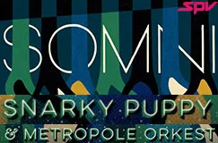 Text: "SNARKY PUPPY & METROPOLE ORKEST", "SOMNI". Illustration mit abstrakten Formen in Blau- und Grüntönen.