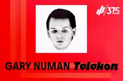 Text: "GARY NUMAN Telekon". Roter Hintergrund mit Schwarz-Weiß-Porträt in der Mitte, Logo oben rechts.