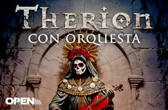 „Therion Con Orquesta“ ist oben zu lesen. Unten spielt eine skelettartige Gestalt mit Heiligenschein Violine.