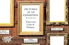 Texte in Rahmen: "PICTURES AT AN EXHIBITION", "Emerson, Lake & Palmer". Goldene Rahmen sind leer.
